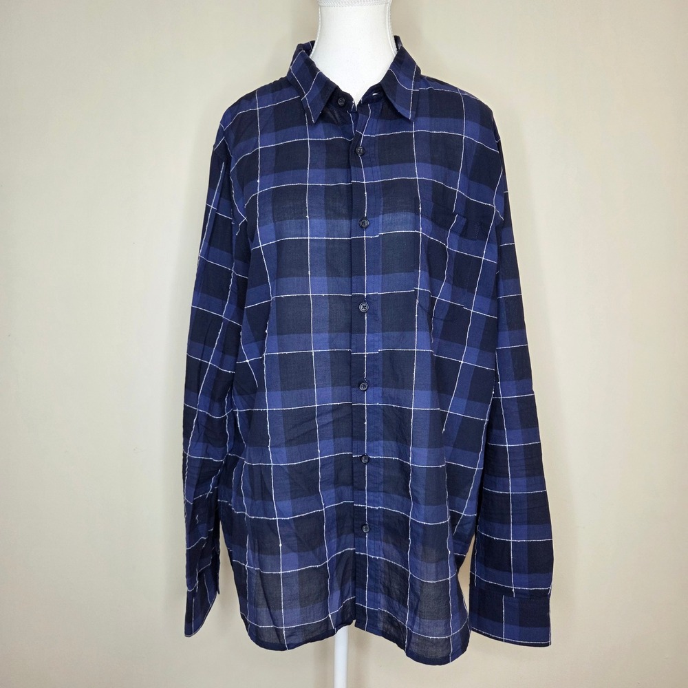 FRAME Classic Plaid Button Down Shirt Navy Blue Lightweight Windowpane XL‎